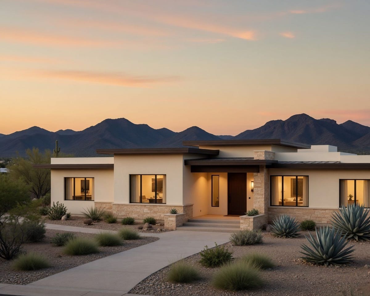 A newly built single-storey house at dusk, its windows lit, behind desert planting